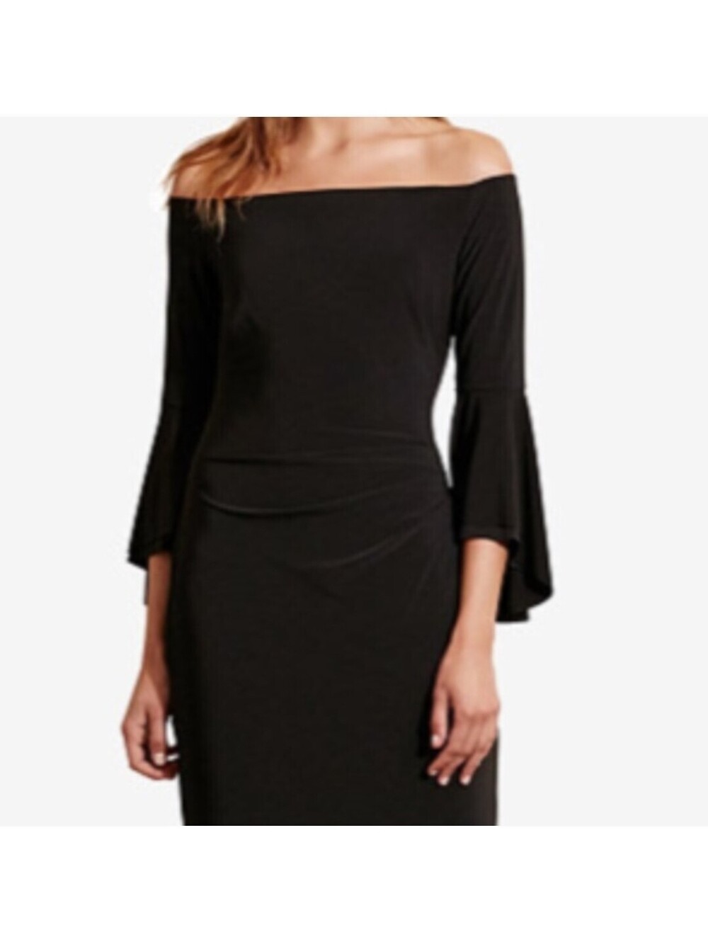 Ralph Lauren Women's Dress Blk Off Shoulder Rouched Bell Sleeve Sz 10 P Evening
